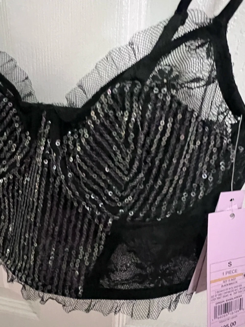 Black Sequin Lace Corset Crop Top w/ Lace Trim & sequin bottom brief NWT XS M L - Picture 7 of 10